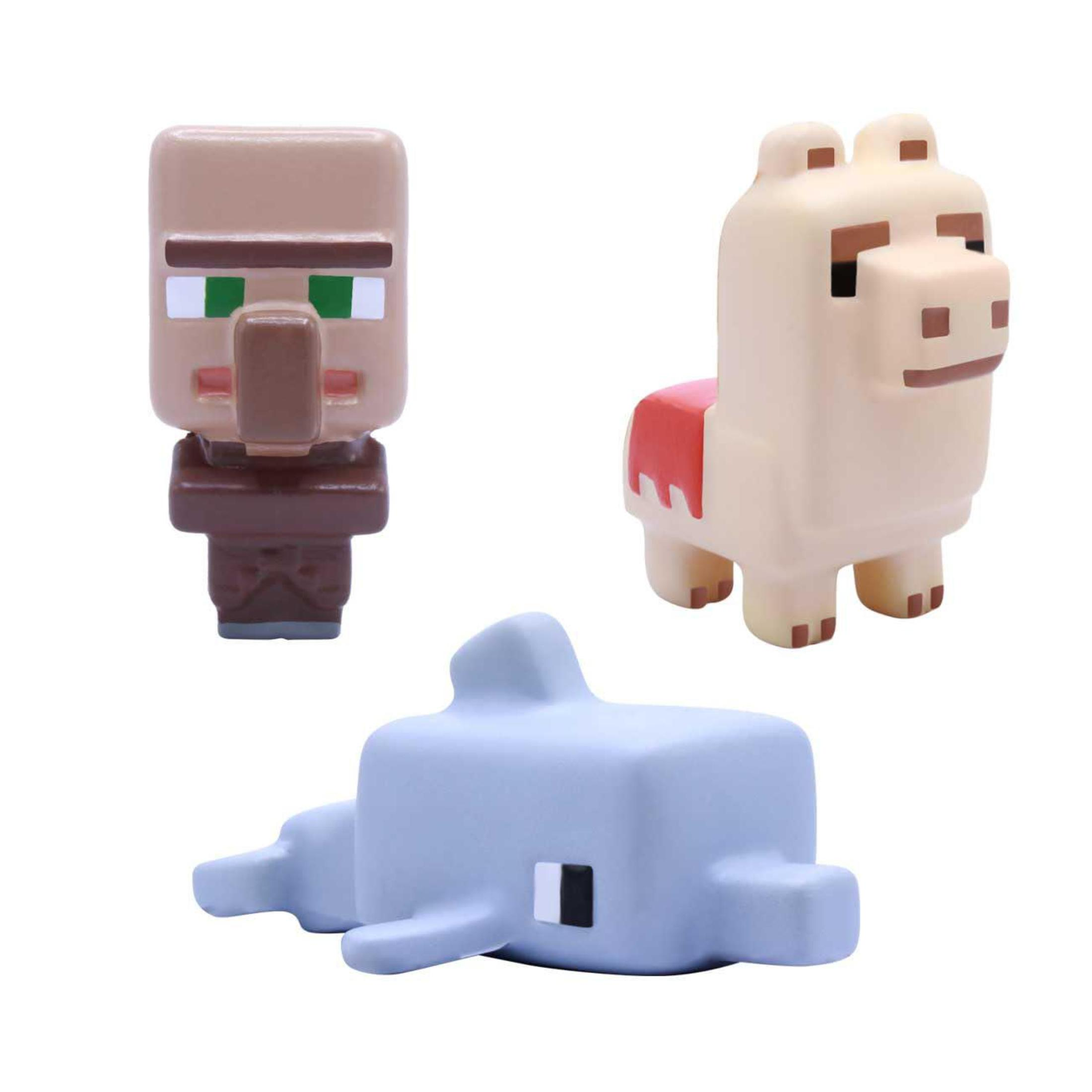 Drei Minecraft-Figuren: ein Dorfbewohner, ein Lama und ein Delfin.