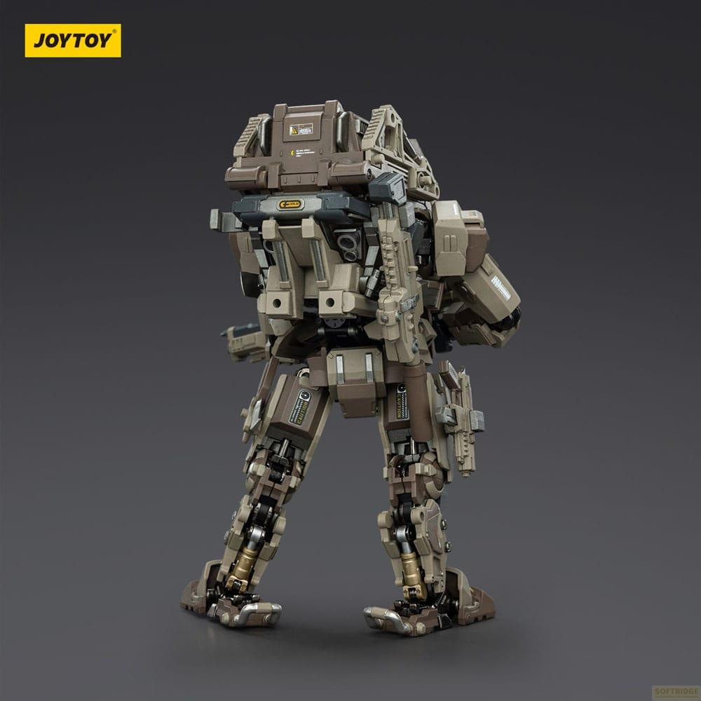 Mech marrone con armi, visto da dietro. Meccanica dettagliata.