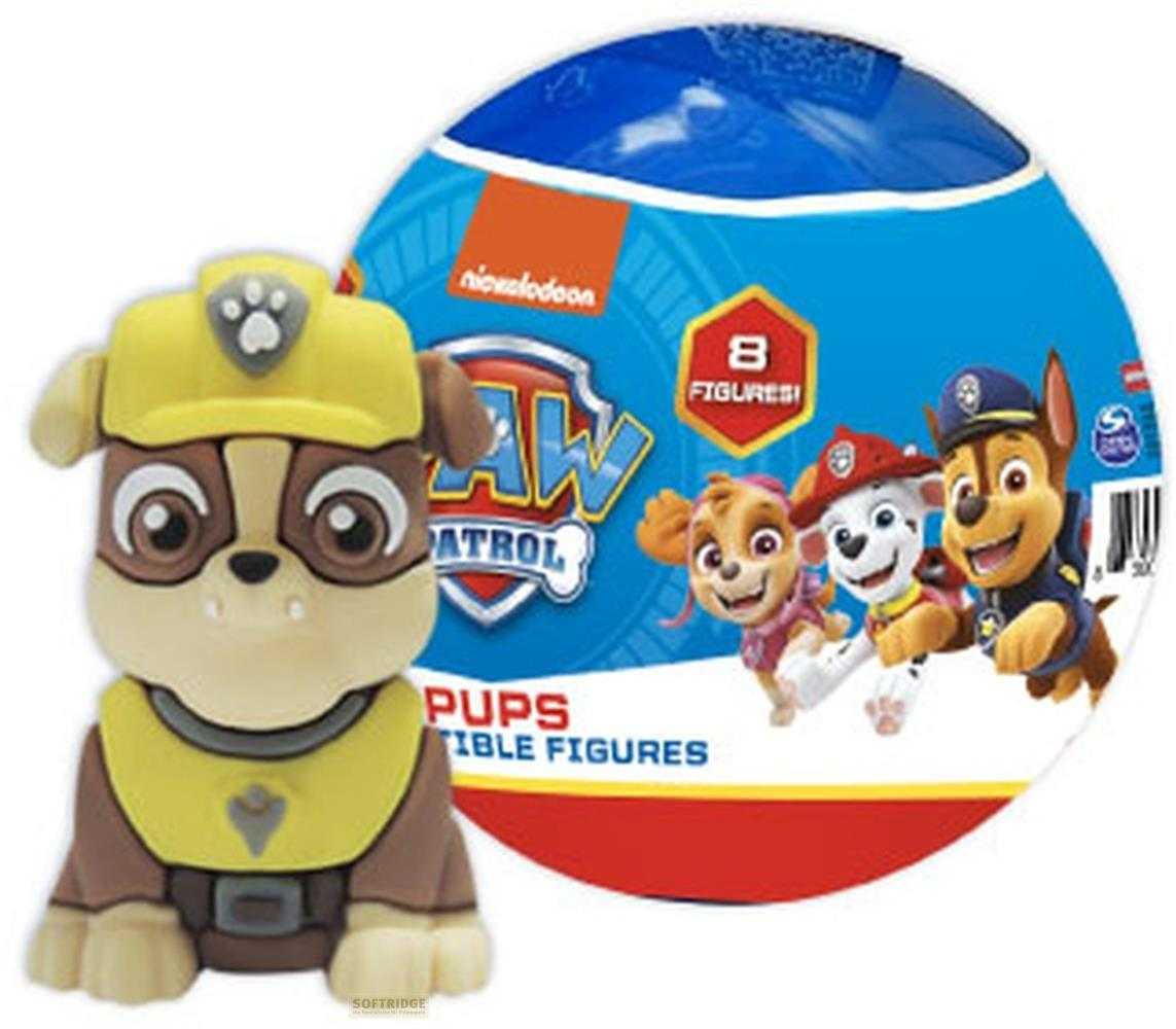 Ein Paw Patrol-Welpe steht vor einer runden Packung mit 8 Figuren.