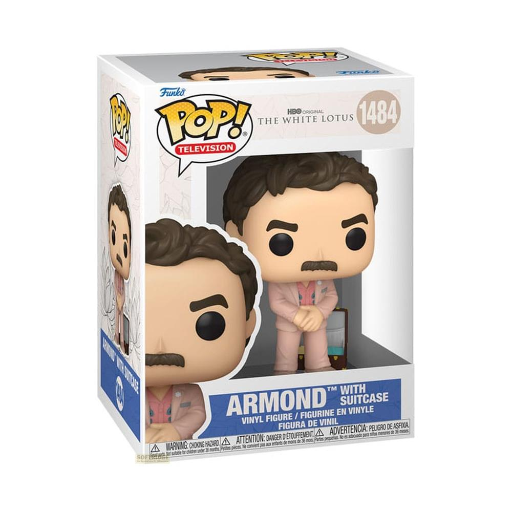 Figura Funko Pop! de Armond de The White Lotus, con traje y maleta.