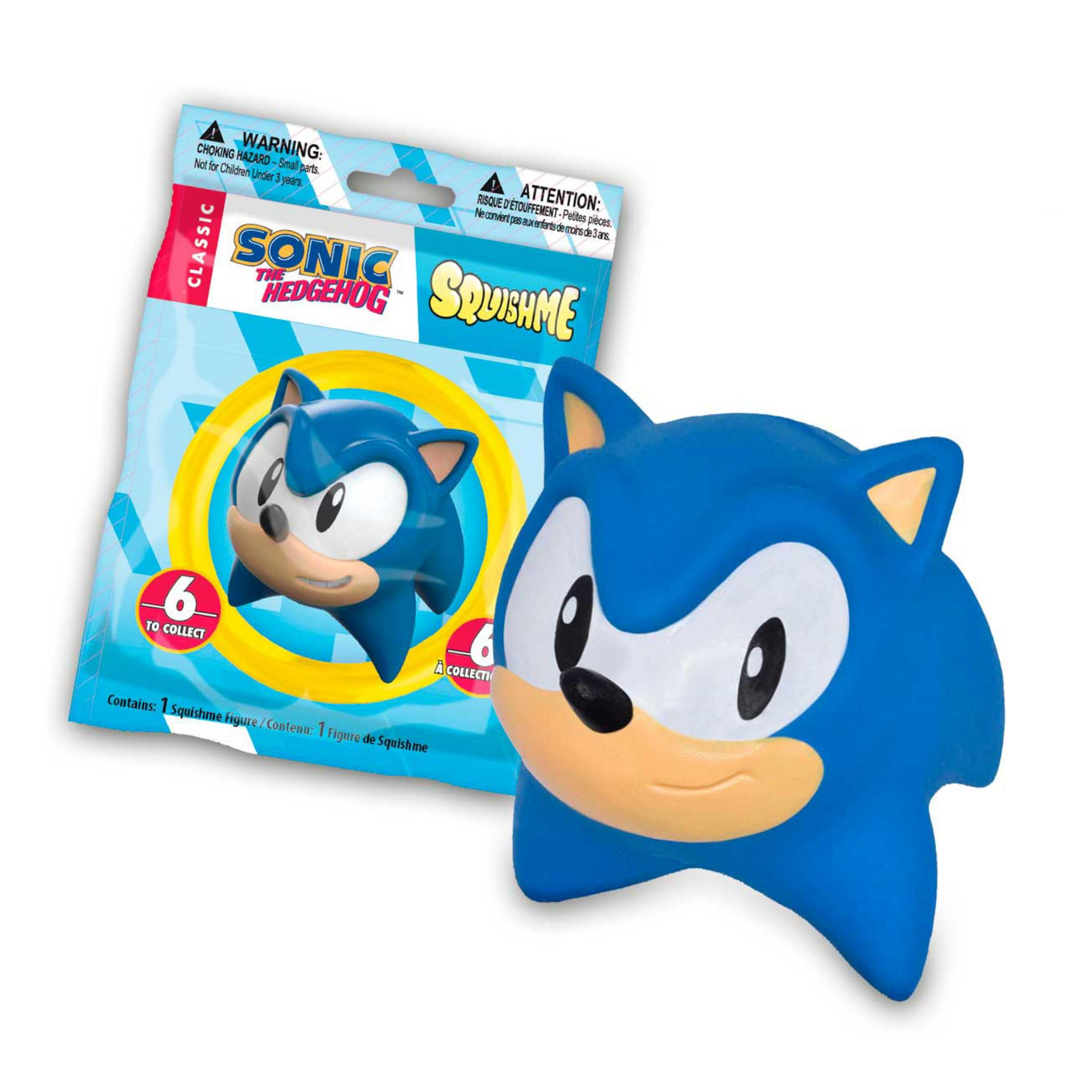 Giocattolo blu Sonic the Hedgehog Squishme su confezione con avvertenze.