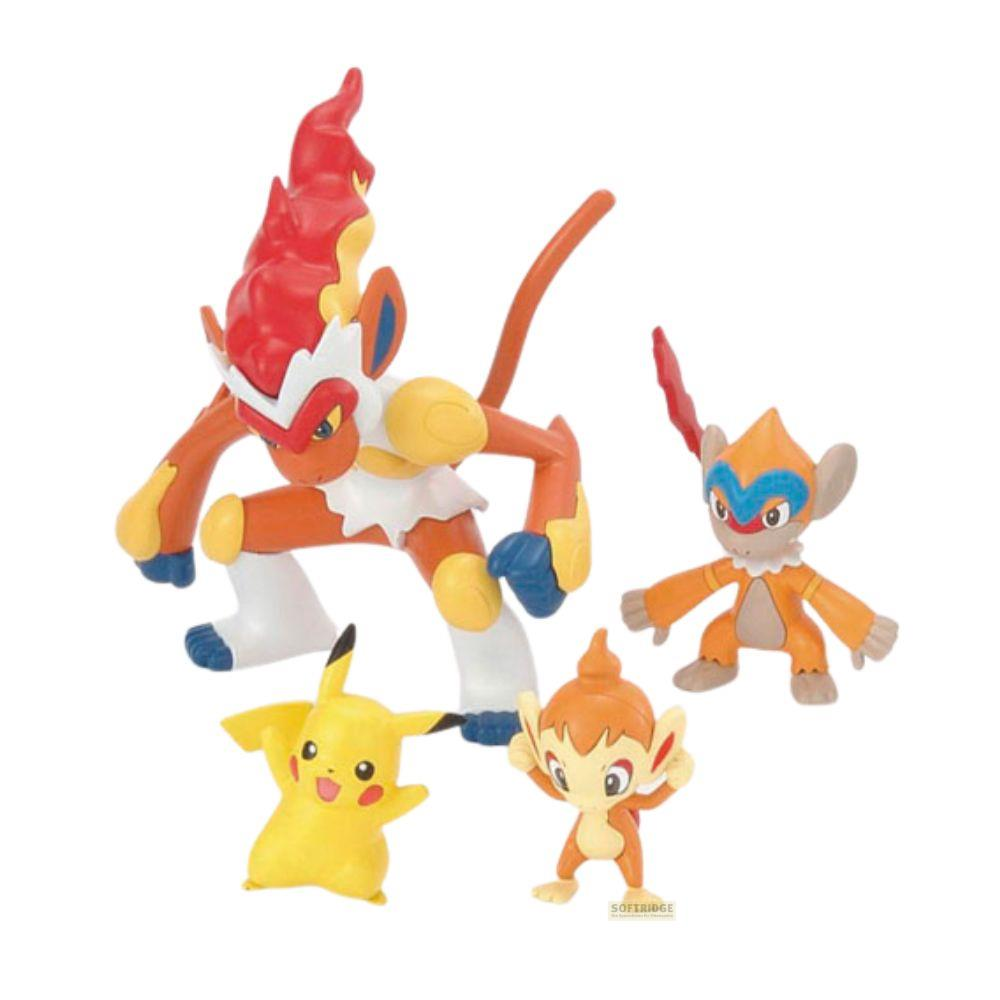 Quatre figurines Pokémon : Pikachu, Chimchar, Monferno et Infernape sur fond blanc.
