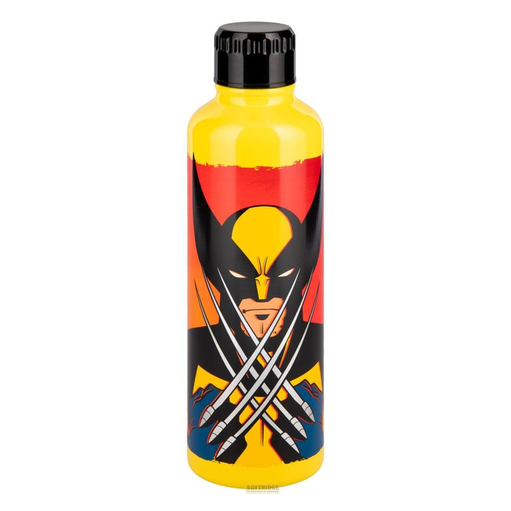 Gelbe Trinkflasche mit Wolverine-Motiv und Krallen.
