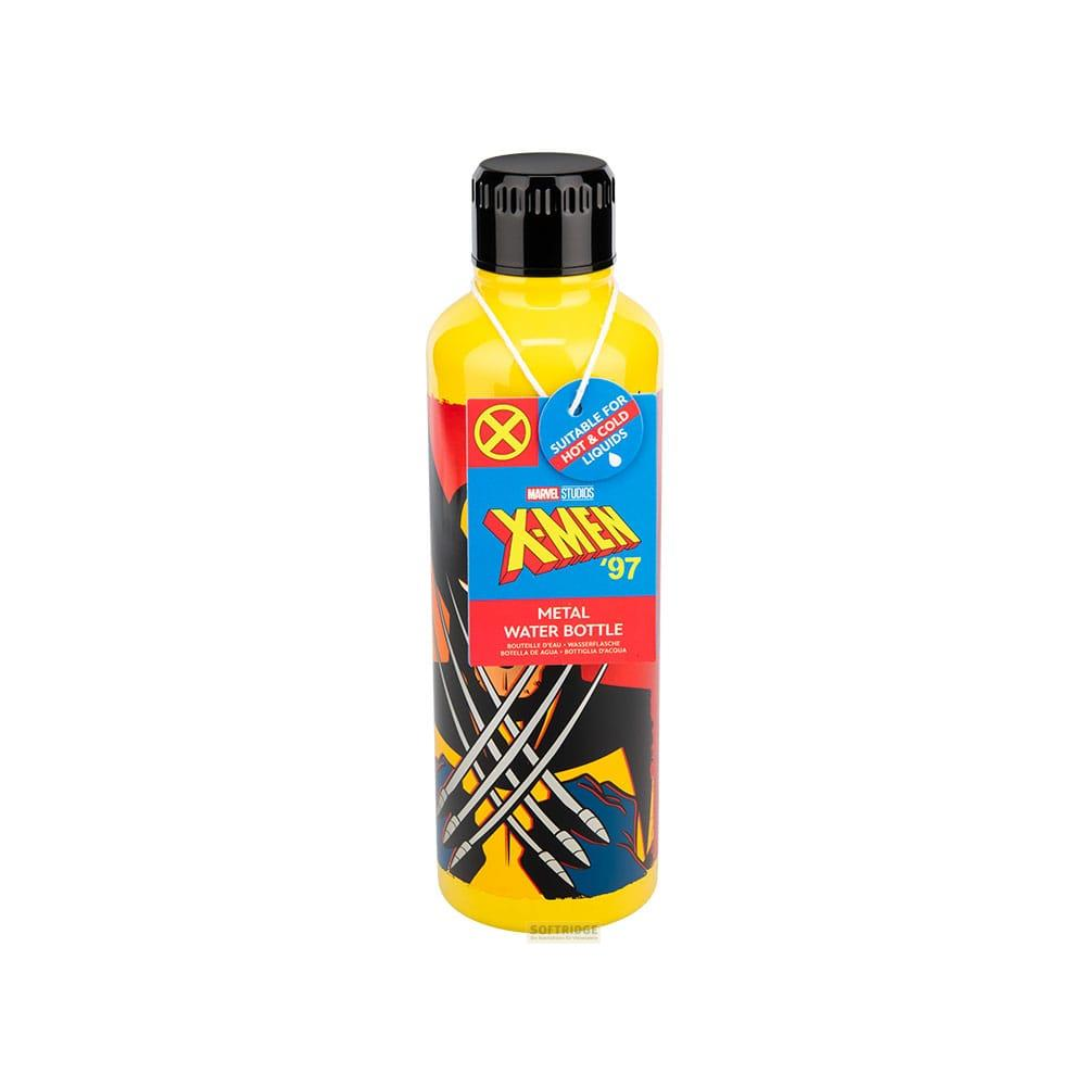 Gelbe X-Men Metall-Wasserflasche mit schwarzem Deckel und Comic-Motiv.