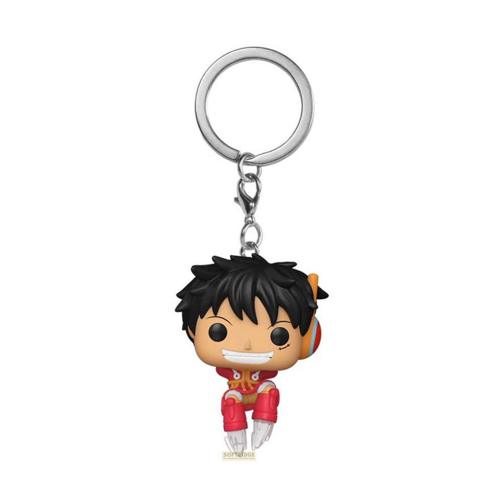 Una figura llavero Funko Pop! de Monkey D. Luffy en rojo y amarillo.