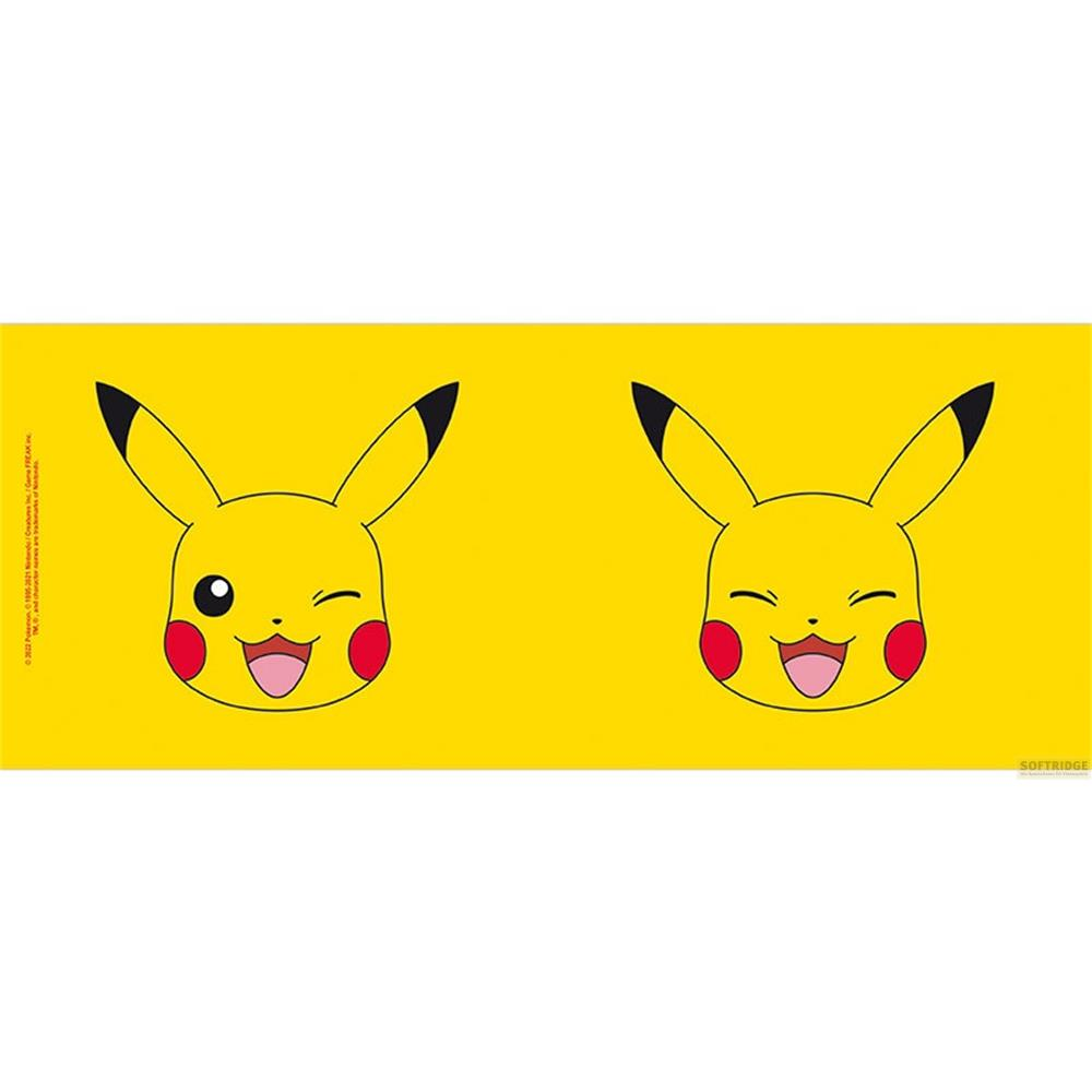 Zwei Pikachu-Gesichter auf gelbem Hintergrund. Eines zwinkert, das andere lächelt.