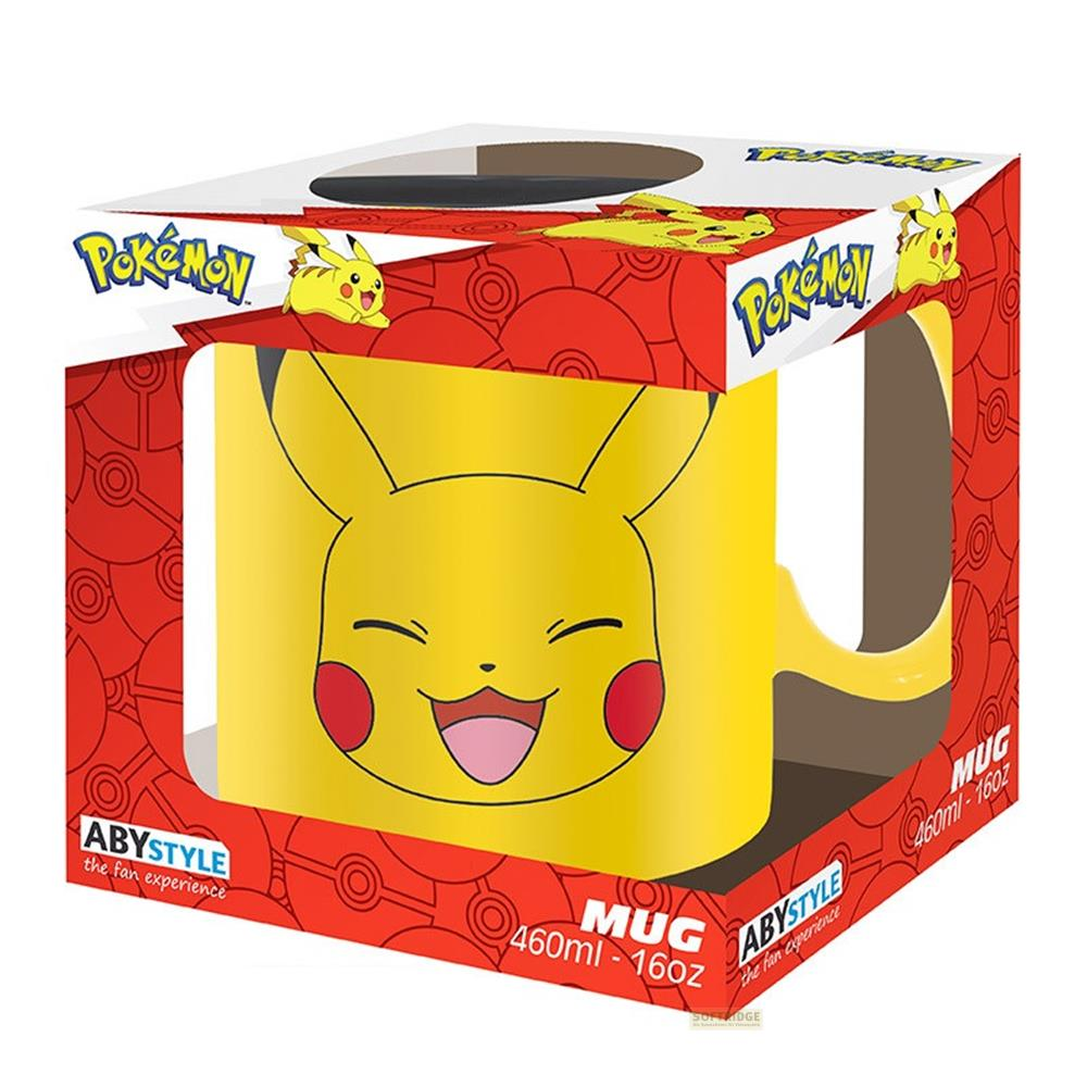 Gelbe Pokémon Pikachu Tasse in Verpackung mit Pokémon Logo.
