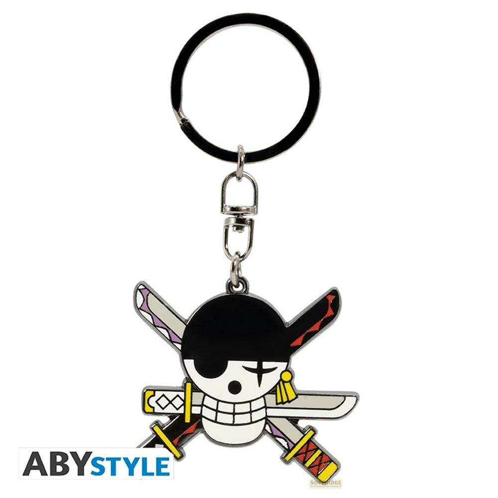 Ein Schlüsselanhänger mit dem Totenkopf-Symbol von One Piece und gekreuzten Schwertern.
