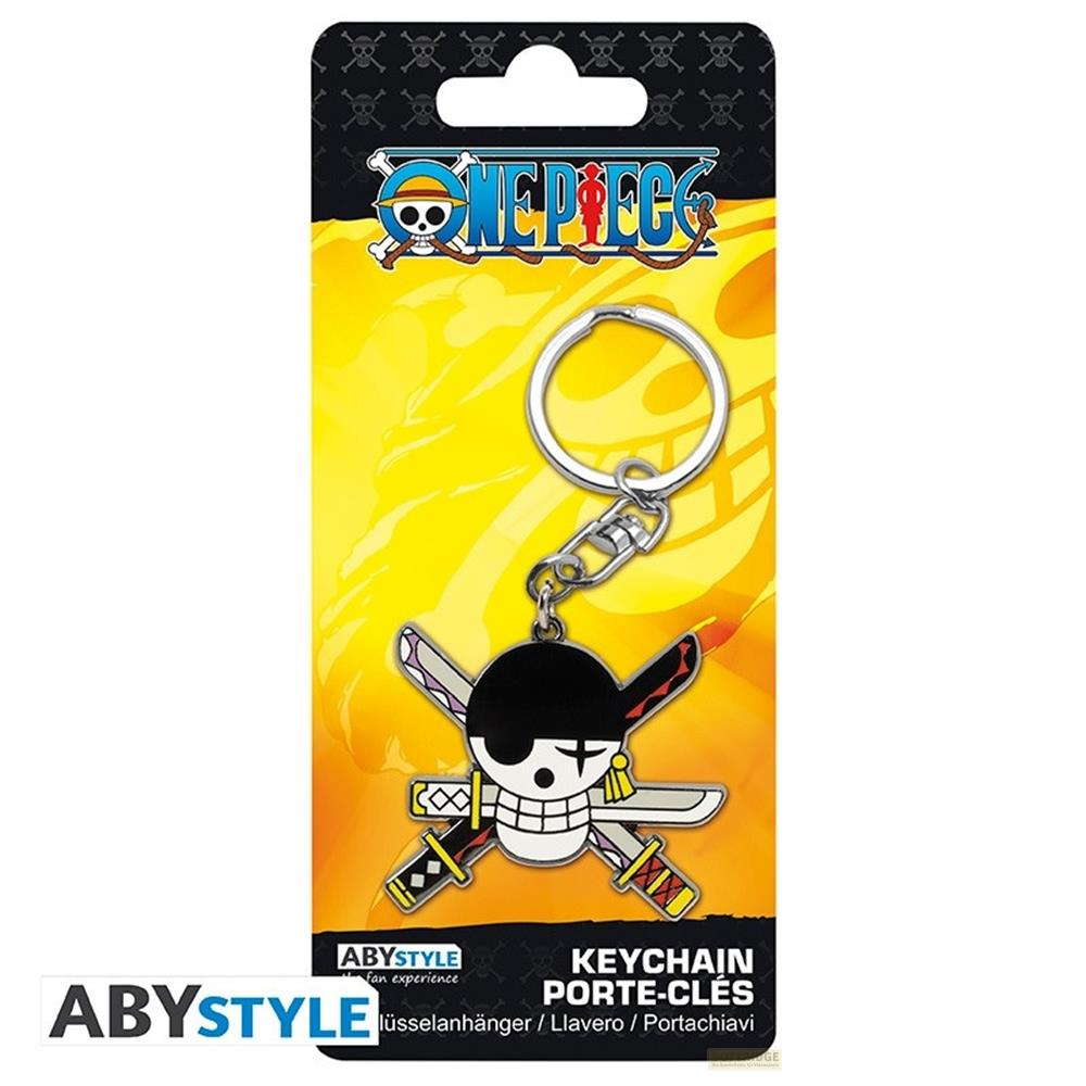 Ein One Piece Schlüsselanhänger mit Zoro's Jolly Roger und Schwertern auf gelbem Hintergrund.