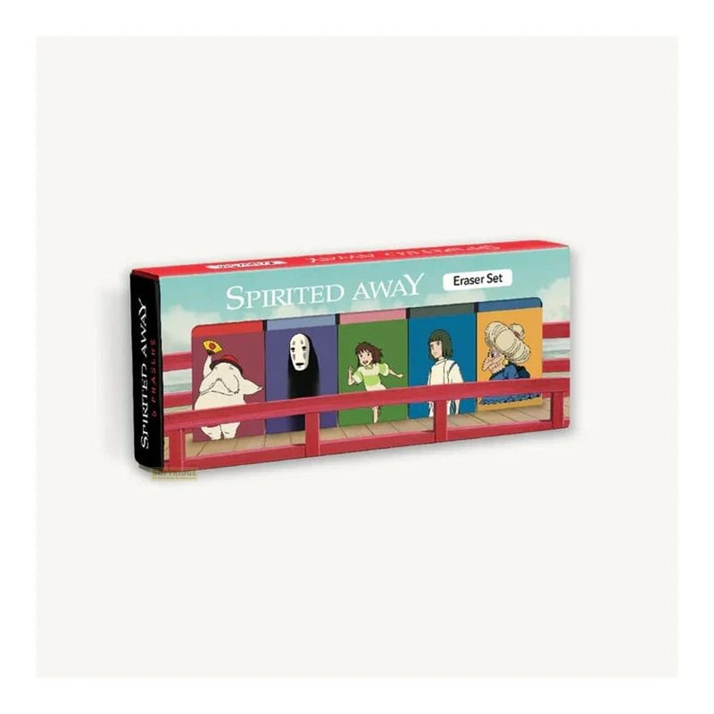 Spirited Away Radiergummi-Set mit Charakteren auf einem roten Geländer.