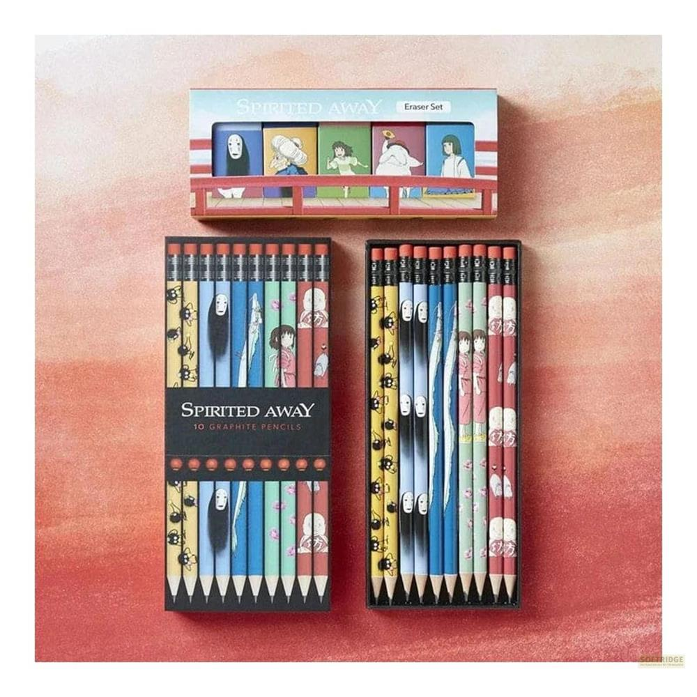 Spirited Away Bleistifte und Radiergummi-Set mit Charakteren.