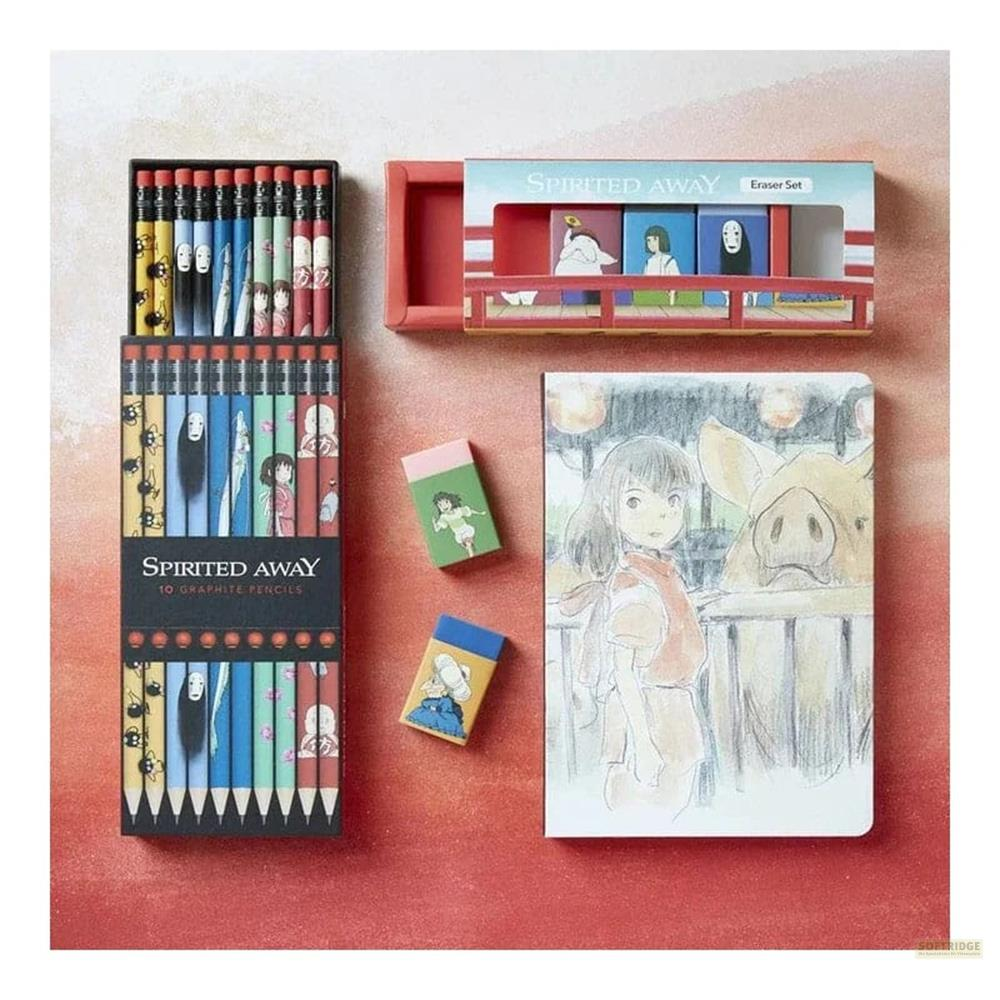 Spirited Away Schreibwaren: Stifte, Radiergummis und Notizbuch mit Chihiro und Schwein.