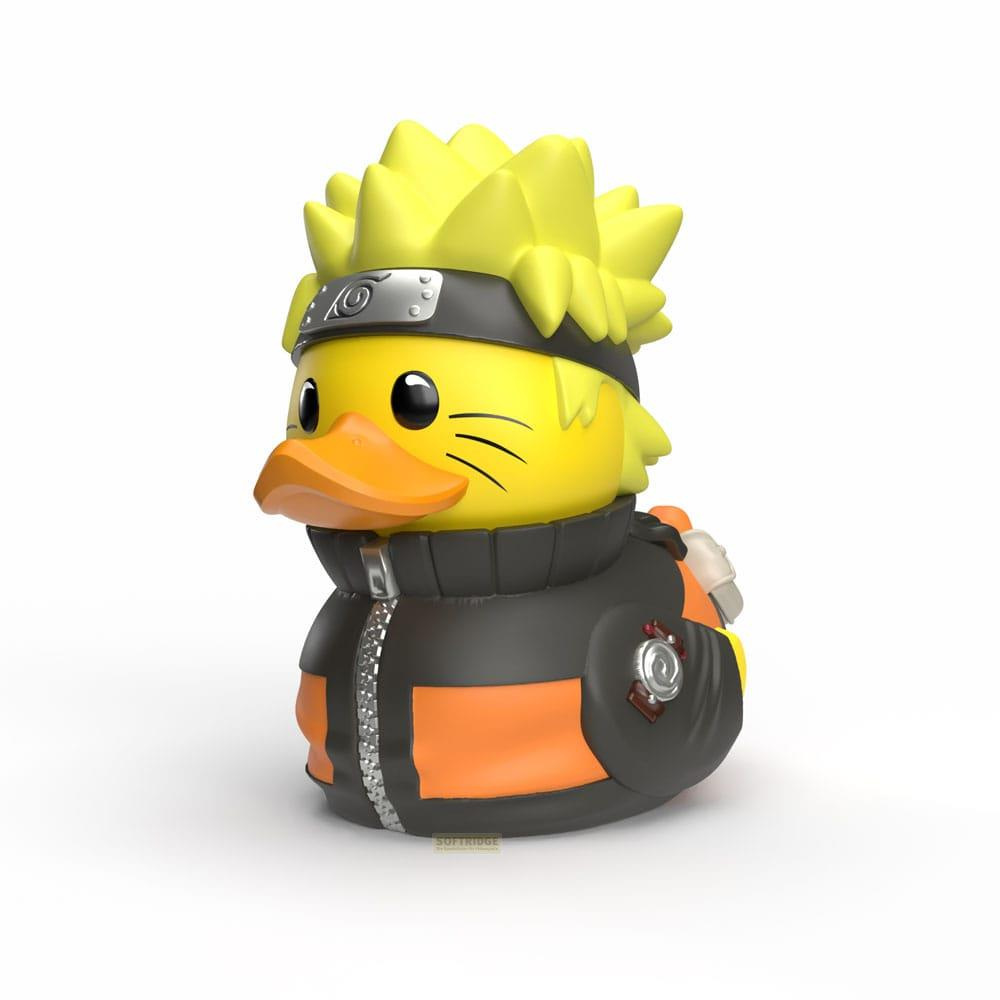 Pato de goma amarillo con peinado, cinta y traje naranja y negro de Naruto.