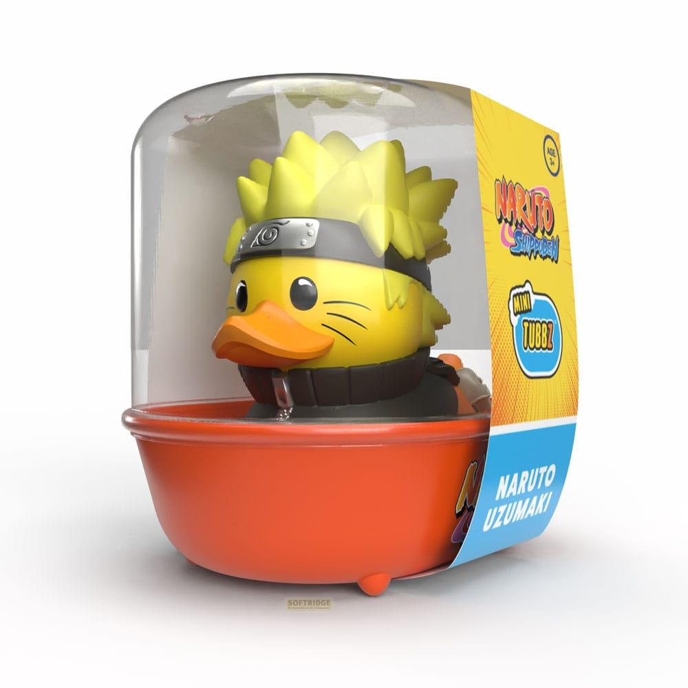 Pato de goma Naruto Uzumaki en caja, amarillo con cinta negra.