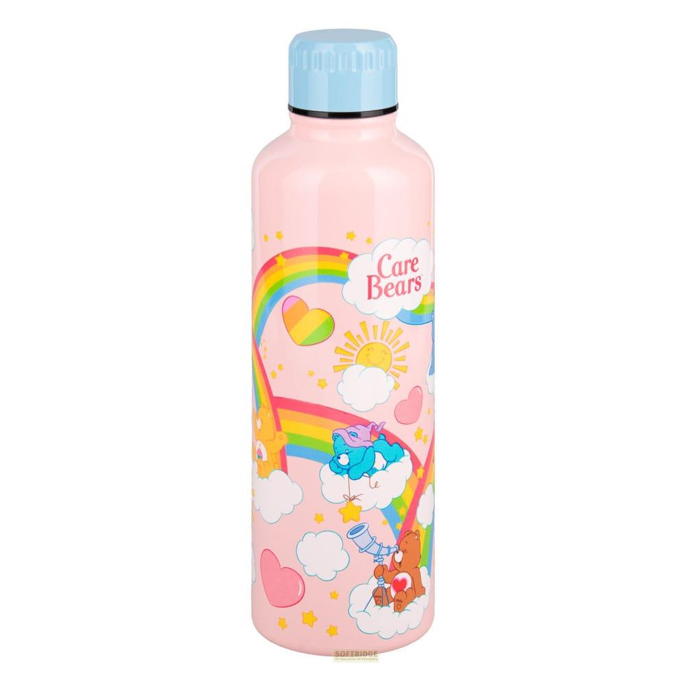 Eine rosa Wasserflasche mit Care Bears-Motiv, Regenbogen und Wolken.