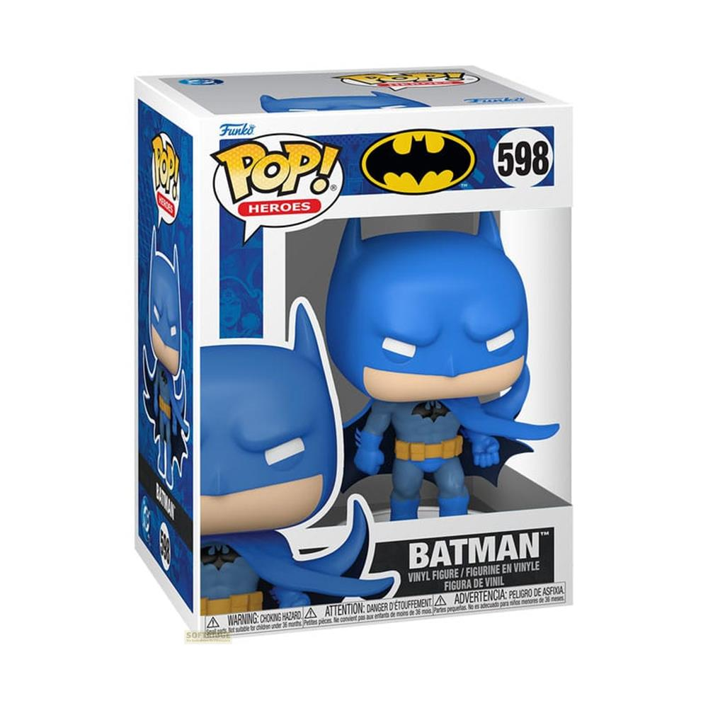 Una figura de vinilo azul de Batman Funko Pop! en su caja, número 598.