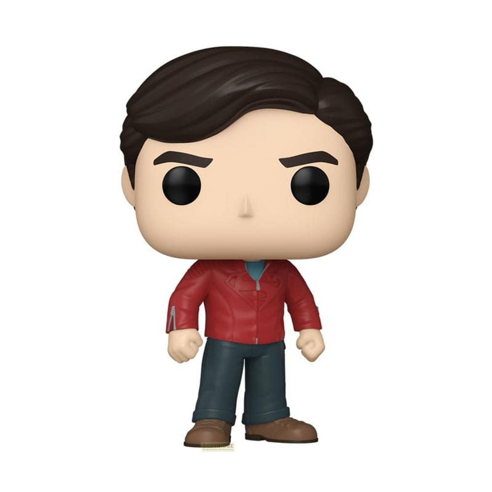 Funko Pop Figur von Clark Kent in roter Jacke, blauem Hemd und Jeans.