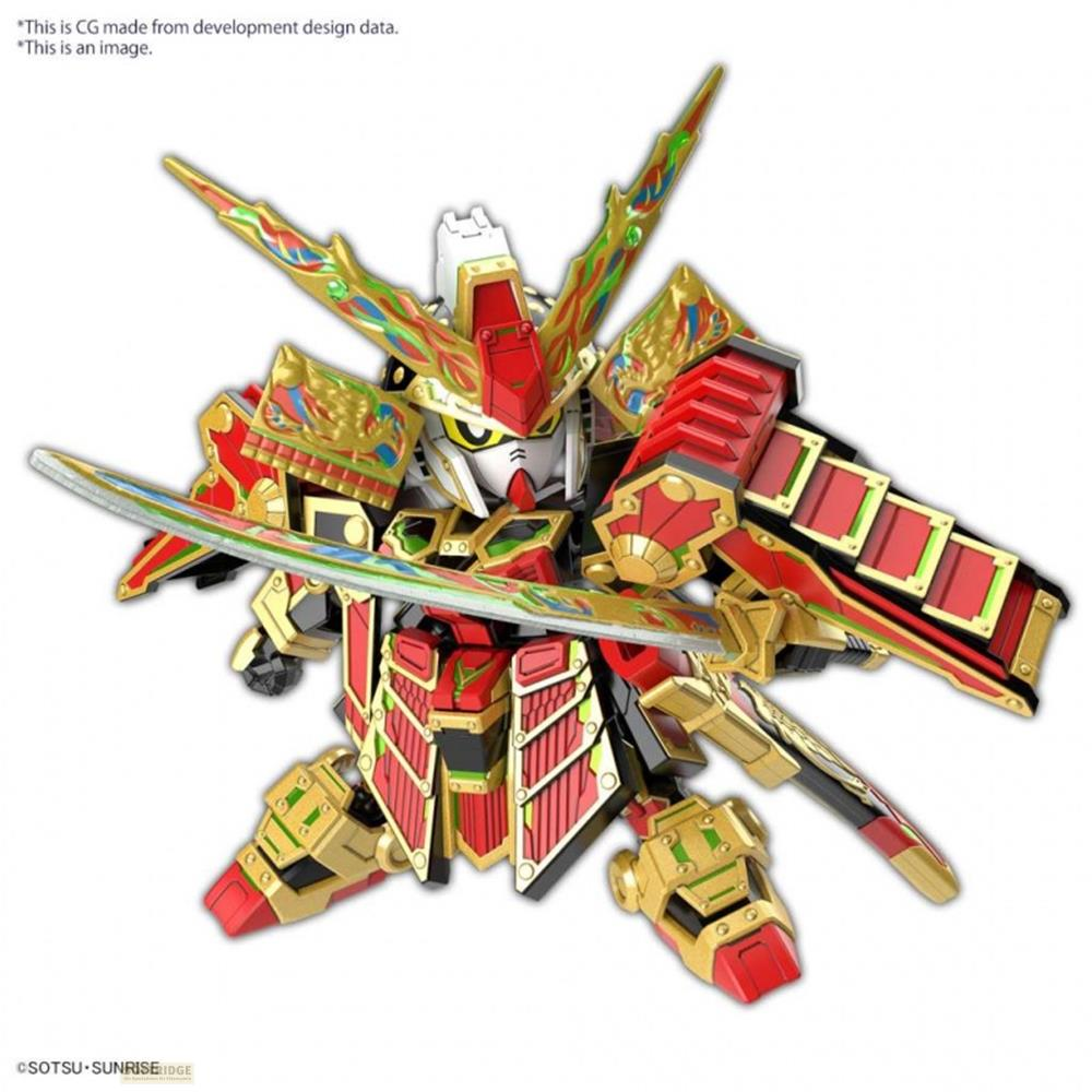 Ein roter und goldener Samurai-Roboter mit einem Schwert, auf weißem Hintergrund.