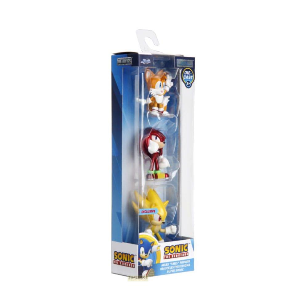 Figuras de acción de Sonic: Tails, Knuckles, Super Sonic, en caja.