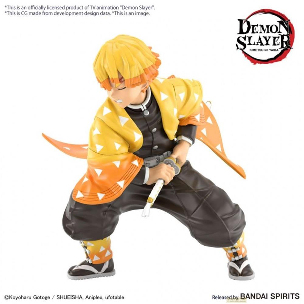 Figurine Demon Slayer de Zenitsu Agatsuma en haori à motifs jaune et orange.