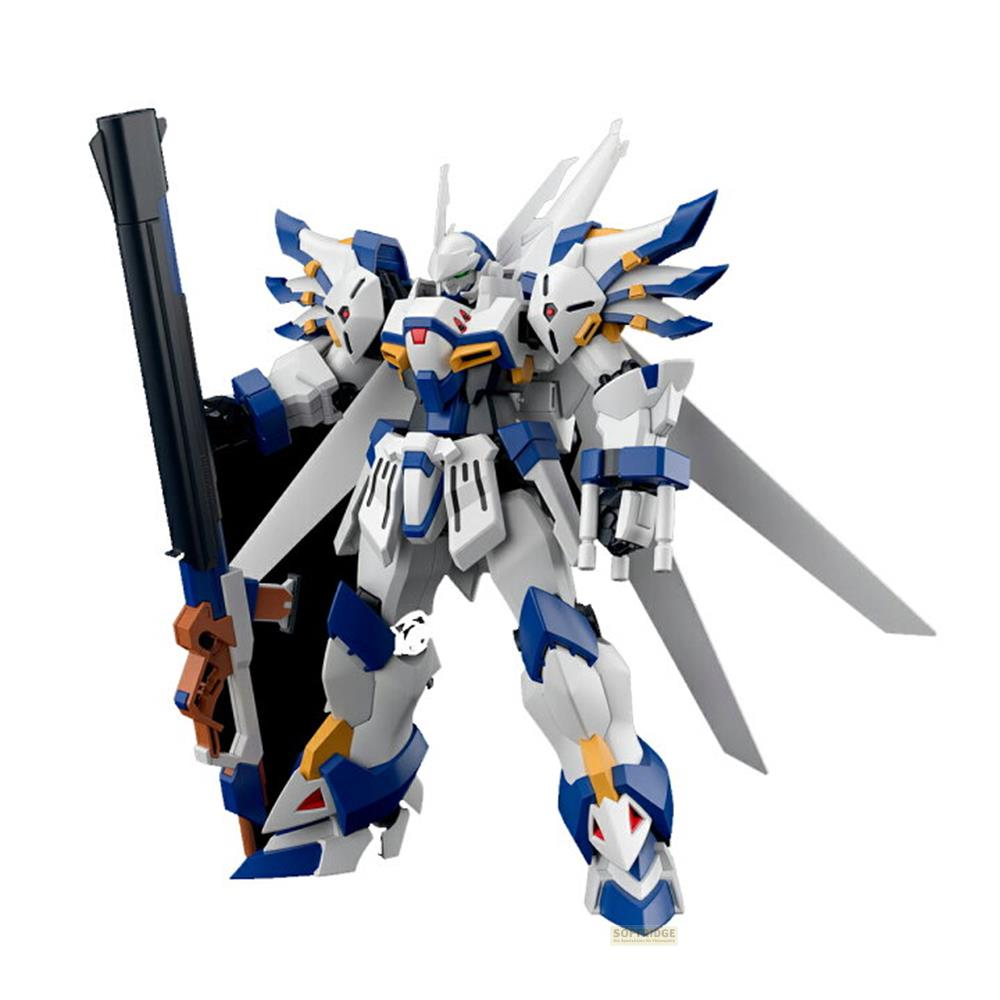 Un robot blanc et bleu tenant un grand fusil se dresse sur fond blanc.