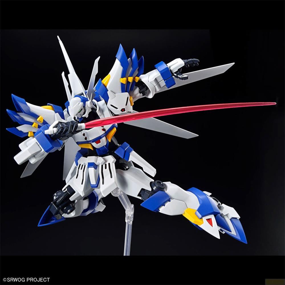 Un robot blanc et bleu en action, maniant un sabre laser rouge sur fond noir.