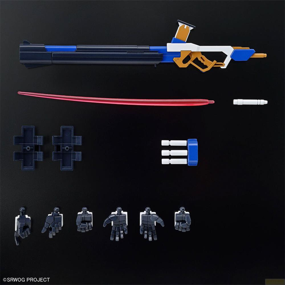 Un pistolet jouet, sabre laser rouge, pièces et mains sur fond noir.