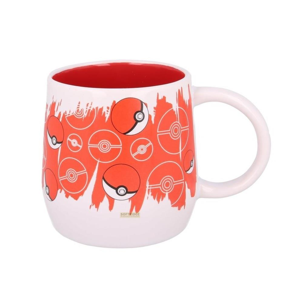 Weiße Tasse mit rotem Inneren und Pokémon-Ball-Muster.