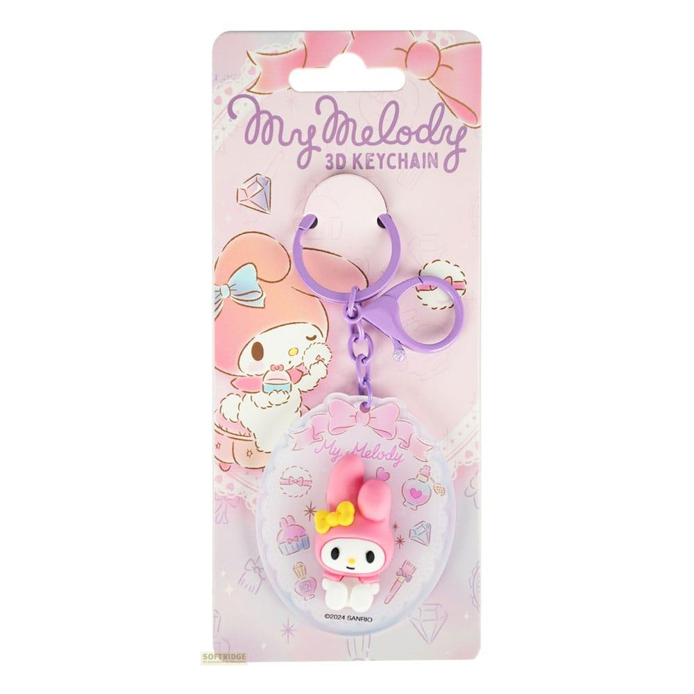 Un llavero 3D de My Melody con fondo rosa e ilustración de personaje.