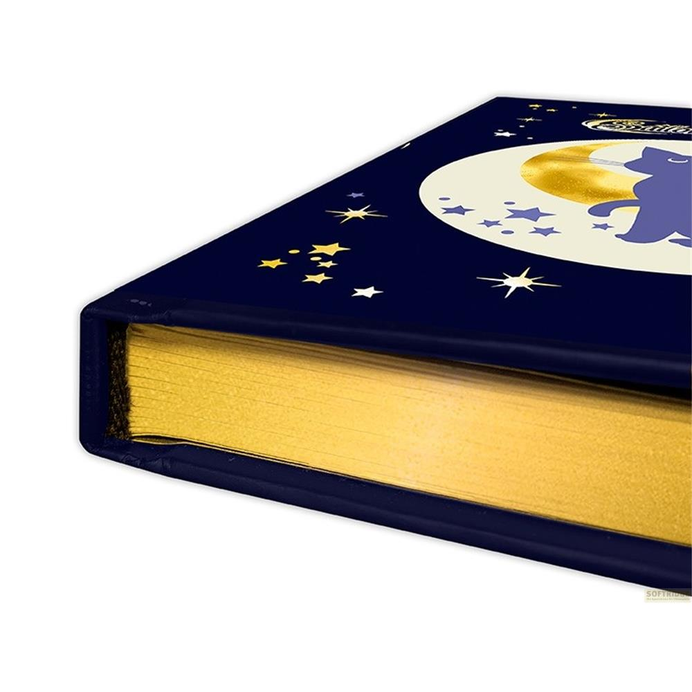Un carnet bleu foncé avec des étoiles dorées et une lune avec un motif de chat.