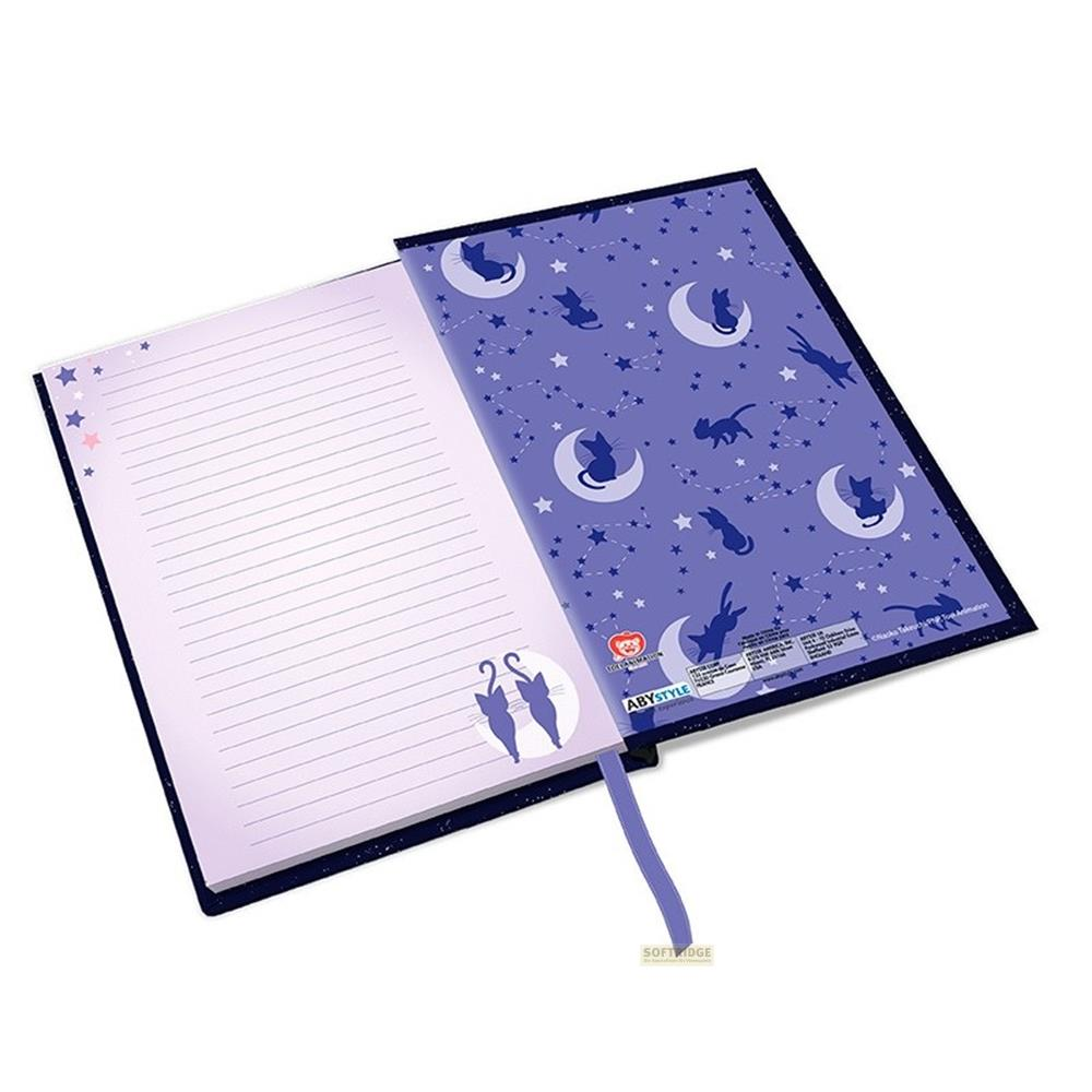 Un journal à couverture bleue, avec des lunes, des étoiles et des chats sur la page de droite.
