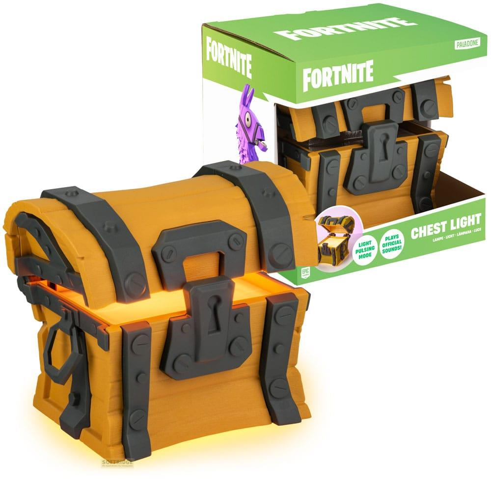 Pomarańczowa skrzynia z ciemnymi zdobieniami świeci od wewnątrz. Logo Fortnite na górze.