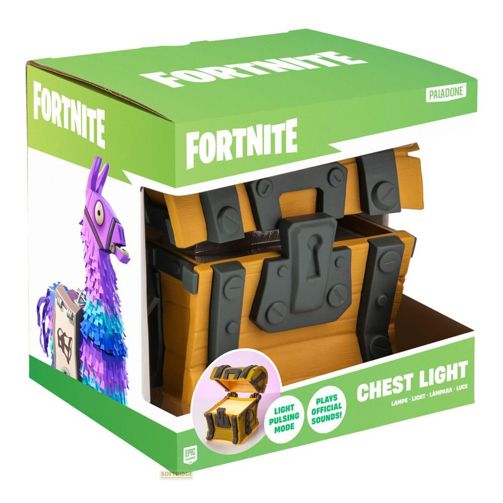 Lampa skrzynia Fortnite z lamą na opakowaniu. Świeci i odtwarza dźwięki.