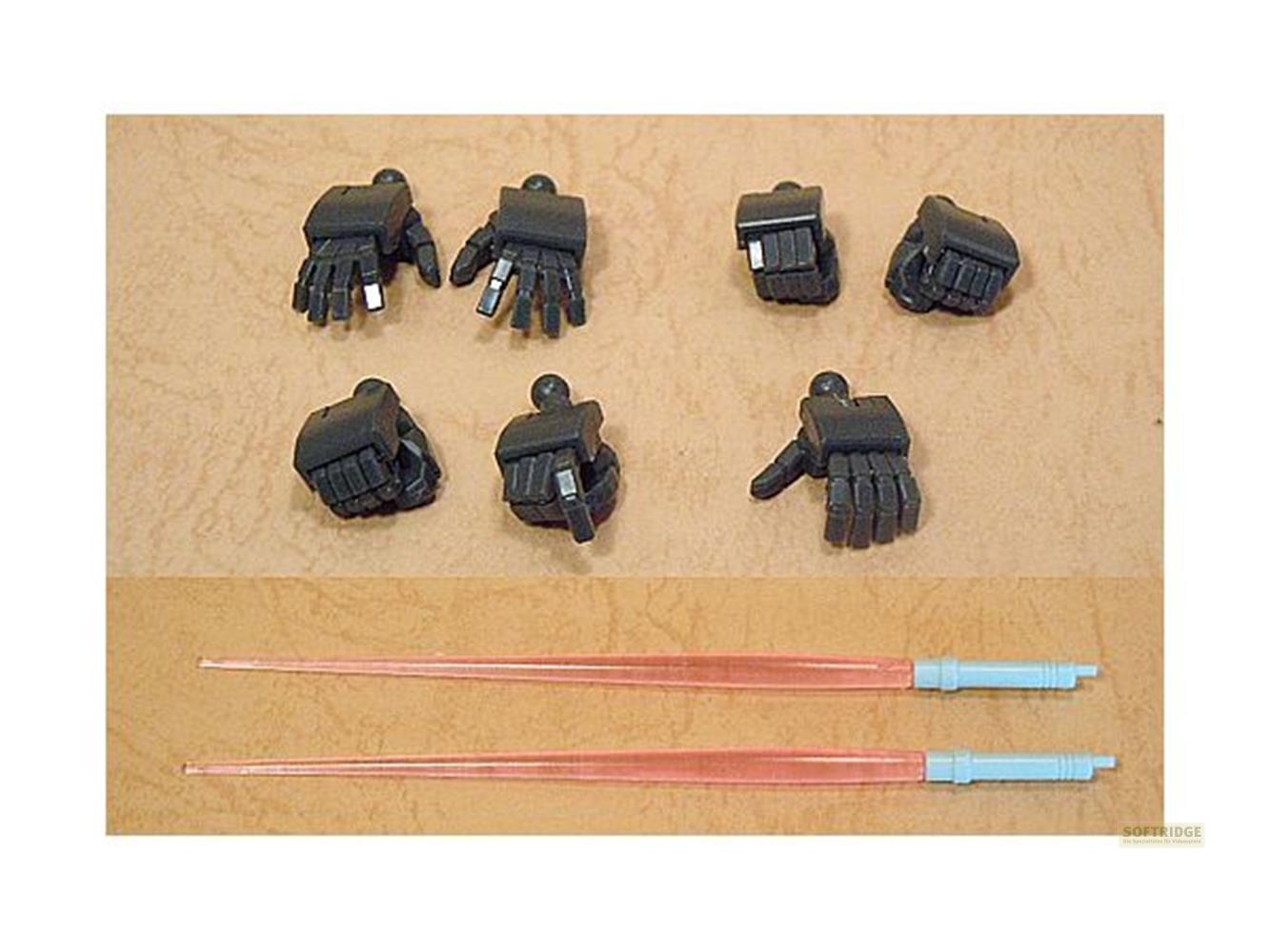 Plusieurs mains de kit de modèle noires et deux tiges rouges translucides avec poignées bleues.