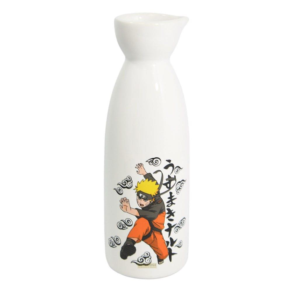 Weiße Sake-Flasche mit Naruto-Design und japanischen Schriftzeichen.