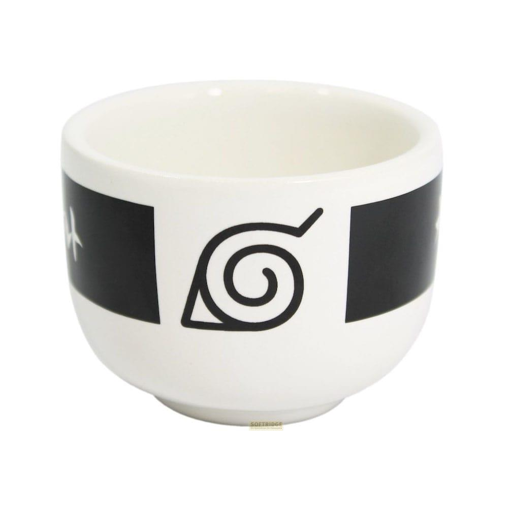 Eine weiße Keramikschale mit schwarzem Band und Wirbel-Symbol.