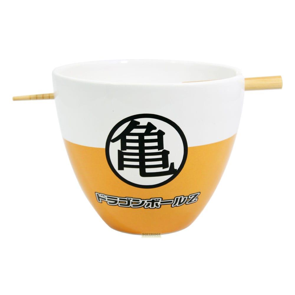 Un cuenco blanco con banda naranja y el símbolo kanji para 