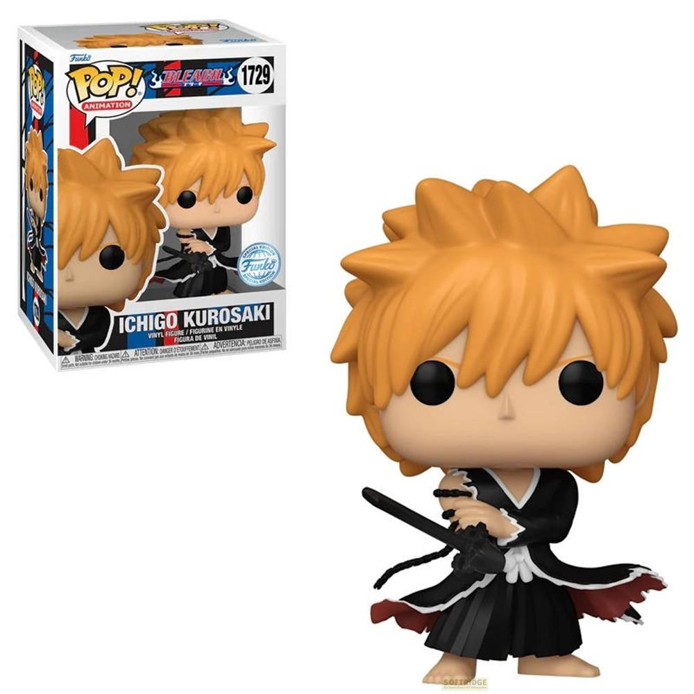 Ichigo Kurosaki Funko Pop Vinyl Figur mit Schwert und Box, orangefarbenes Haar.
