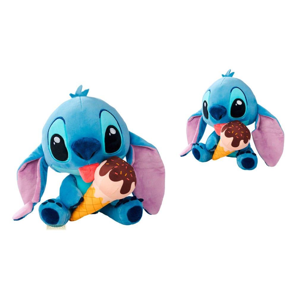 Dos peluches azules de Stitch sosteniendo conos de helado. Uno grande, uno pequeño.