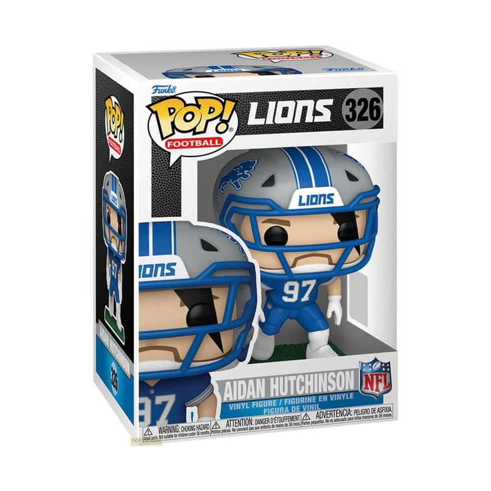 Una figura de vinilo Funko Pop de Aidan Hutchinson en un uniforme de los Detroit Lions en caja.