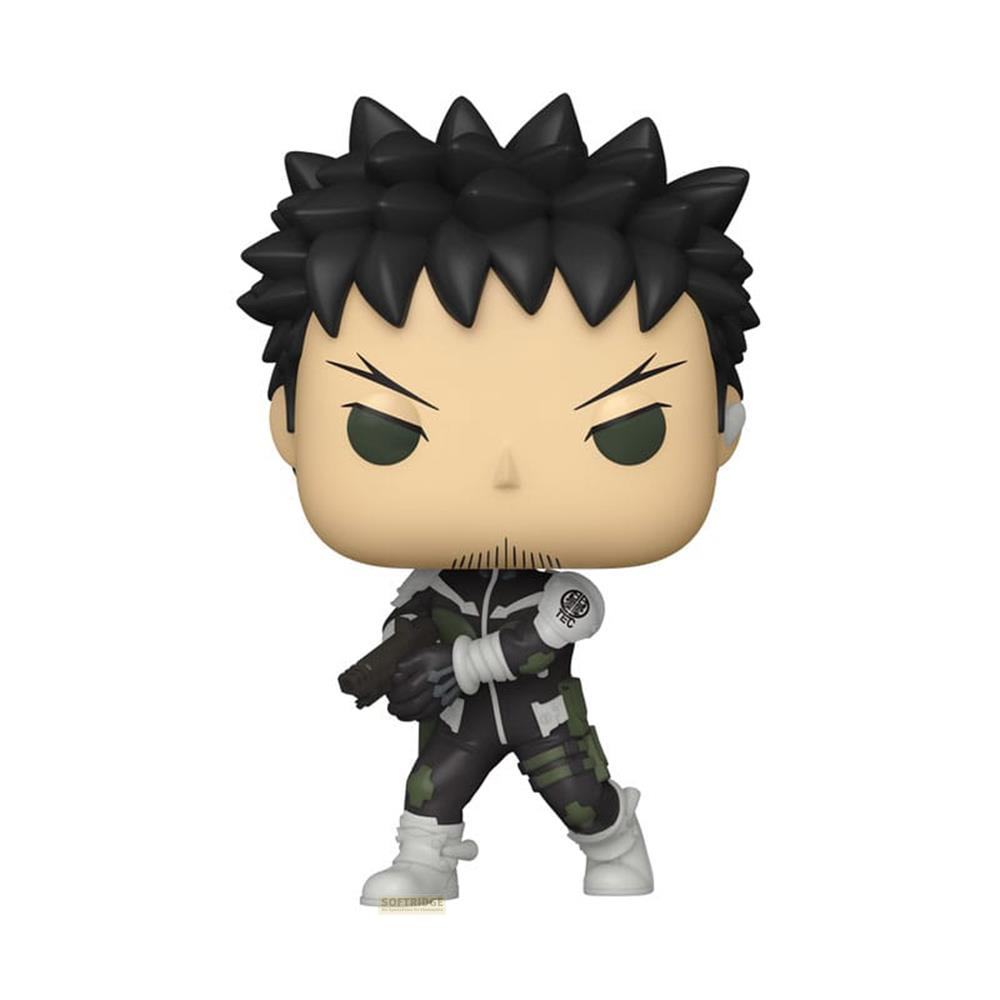 Eine Vinylfigur eines Mannes mit schwarzem Haar und Waffe, trägt dunkle Kleidung.