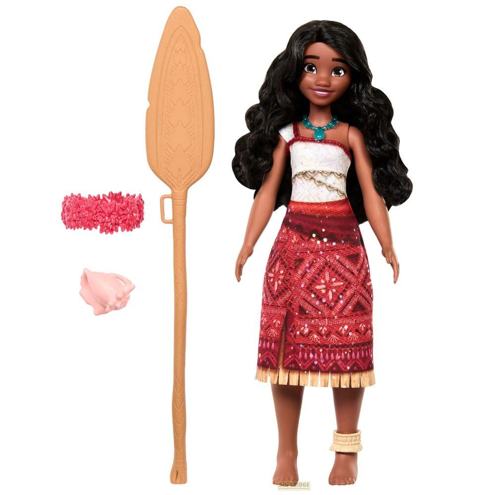 Moana-Puppe mit Paddel, Armband, Muschel und einem roten Rock.