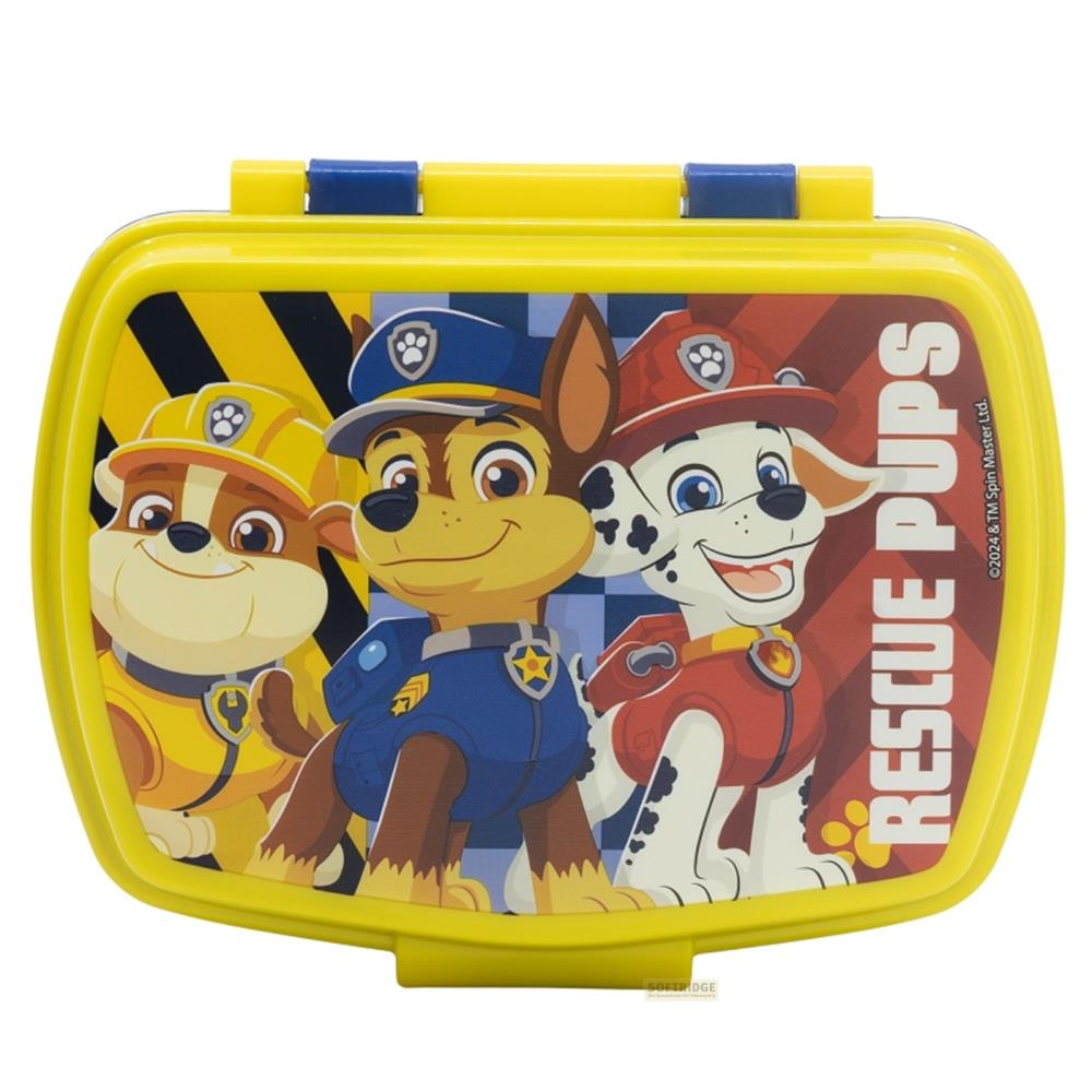 Lonchera amarilla con los cachorros de Paw Patrol Chase, Marshall y Rubble en uniforme.