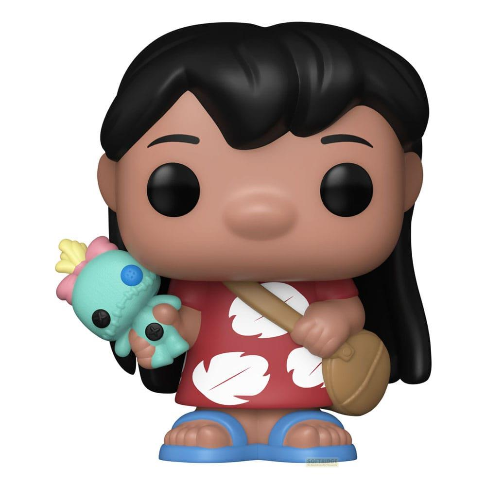 Figura Lilo Pop sostiene a Stitch, lleva vestido rojo con hojas blancas, sandalias azules.