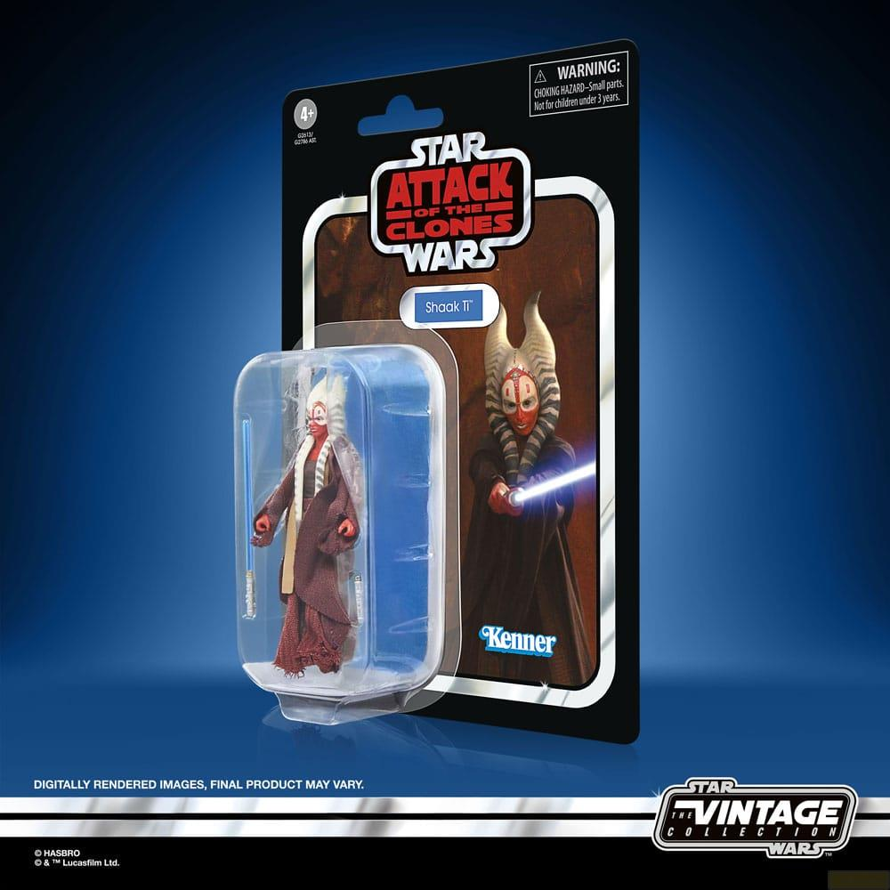 Figura de acción de Shaak Ti en empaque Star Wars: Attack of the Clones con sable de luz.