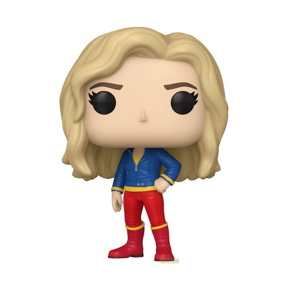 Eine blonde Funko-Puppe mit blauer Jacke und roten Hosen.
