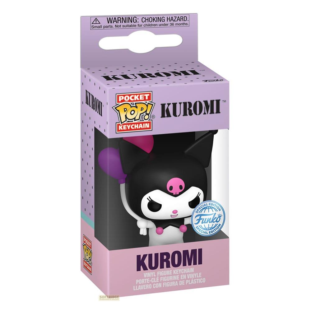 Portachiavi in vinile Kuromi Pocket Pop! in scatola con palloncino viola.