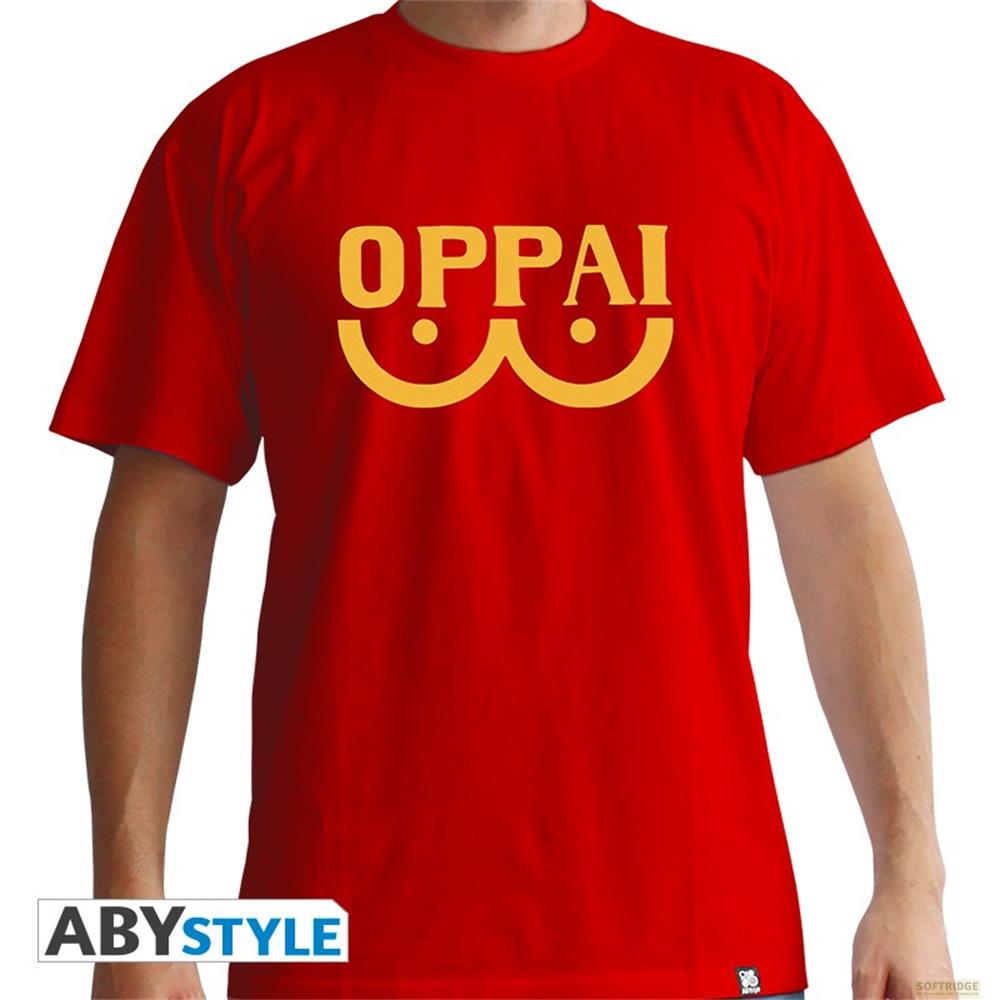 Maglietta rossa con scritta gialla "OPPAI" e grafica sul petto.