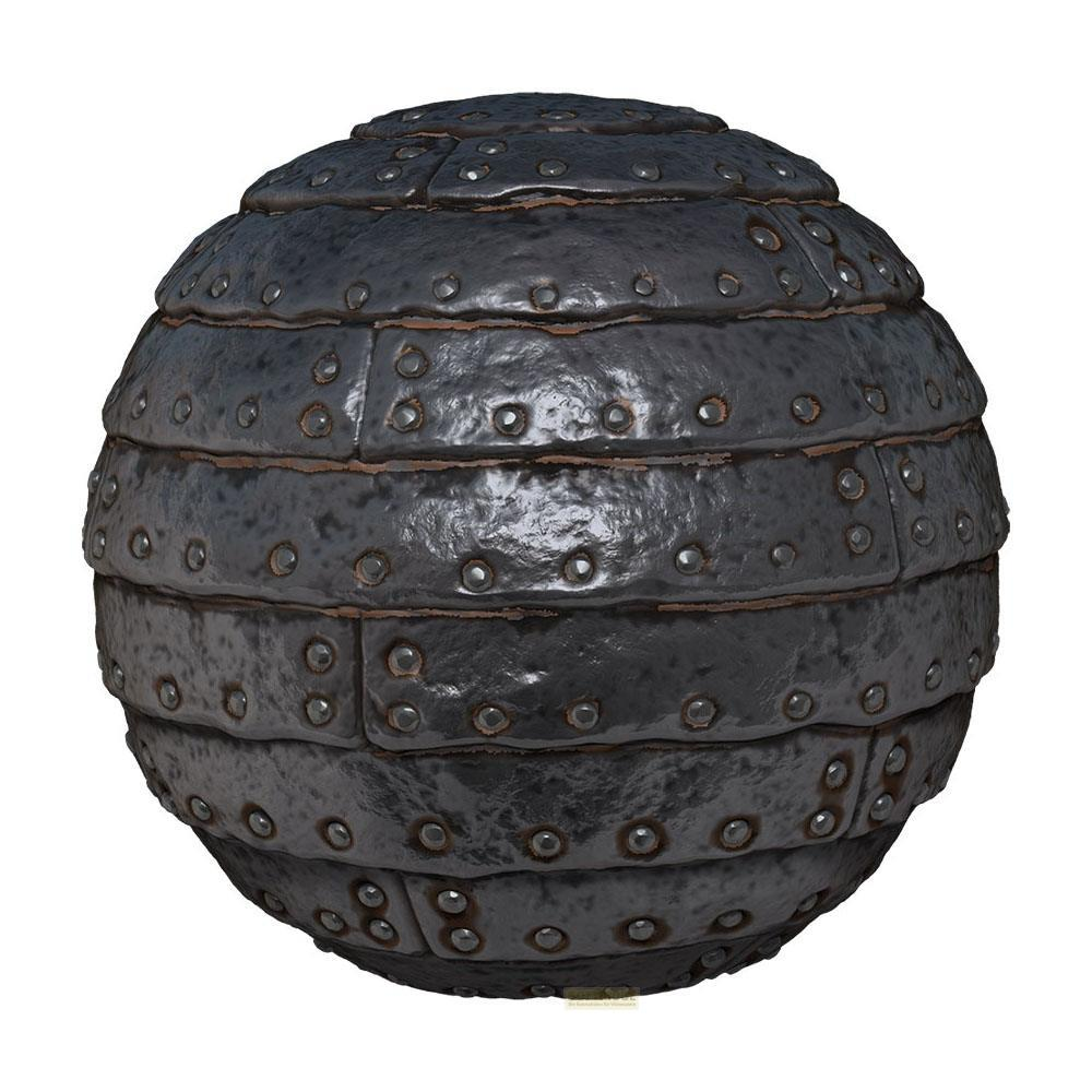 Eine Kugel aus dunklen Metallplatten, mit Nieten verbunden, auf weißem Hintergrund.