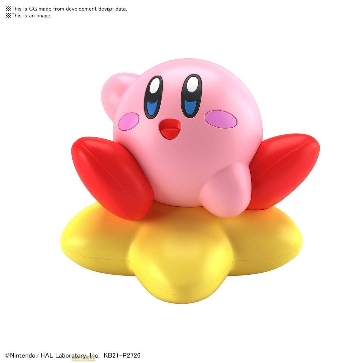 Kirby rose est assis sur une plateforme étoile jaune avec des bras rouges.